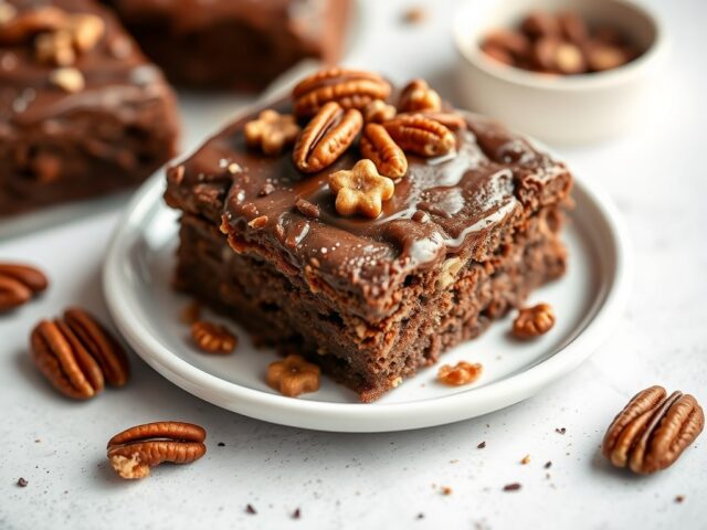 Choco gebak met pecannoten — AI-gegenereerde illustratie