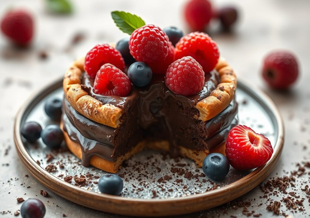 Chocolade Crême Gebak met Vruchten, AI-gegenereerde illustratie
