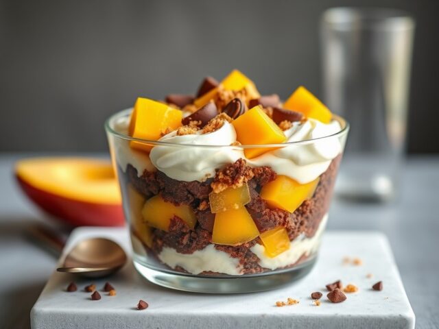 Chocolade-Mango Trifle met Fortune Crumble — AI-gegenereerde illustratie