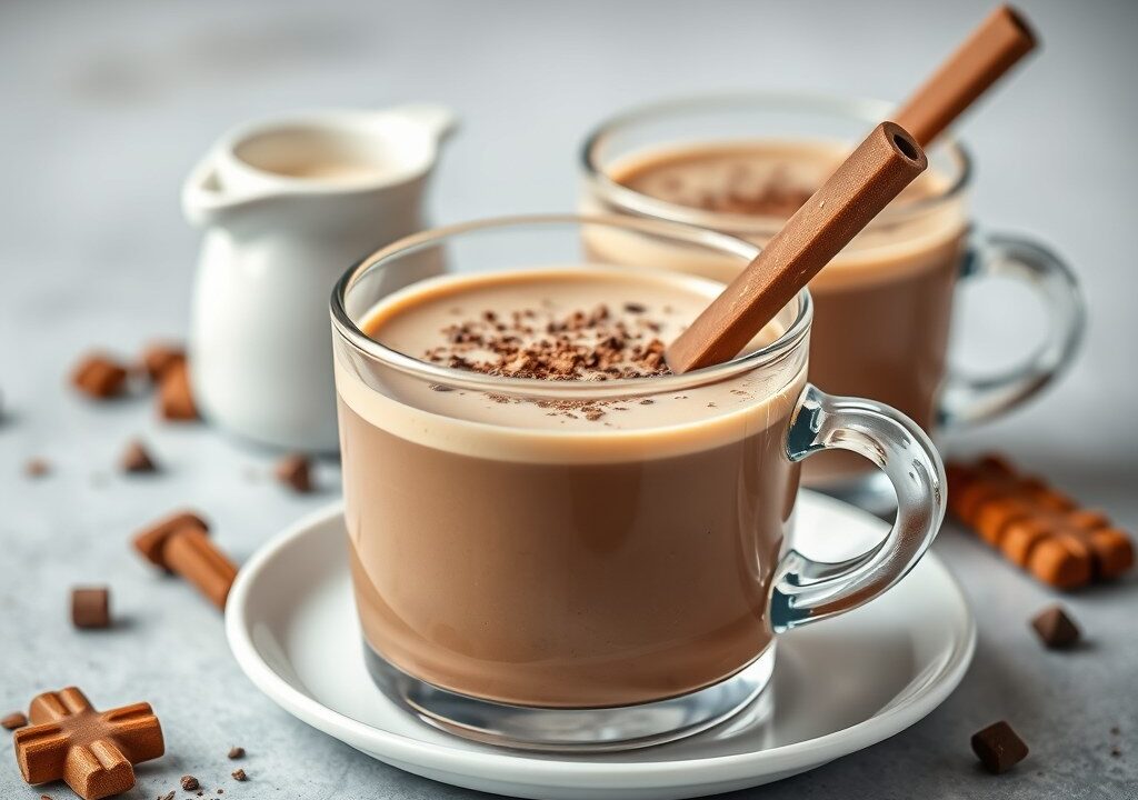 Chocolade melk en noedelsoep, AI-gegenereerde illustratie