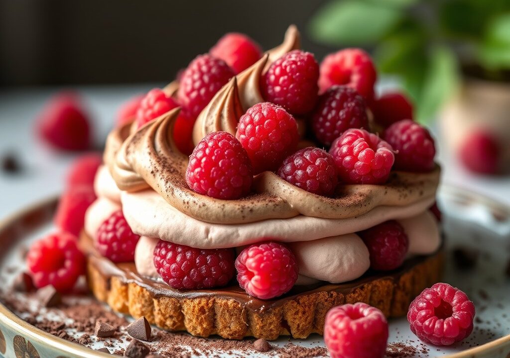 Chocolade meringuetaart met frambozen, AI-gegenereerde illustratie