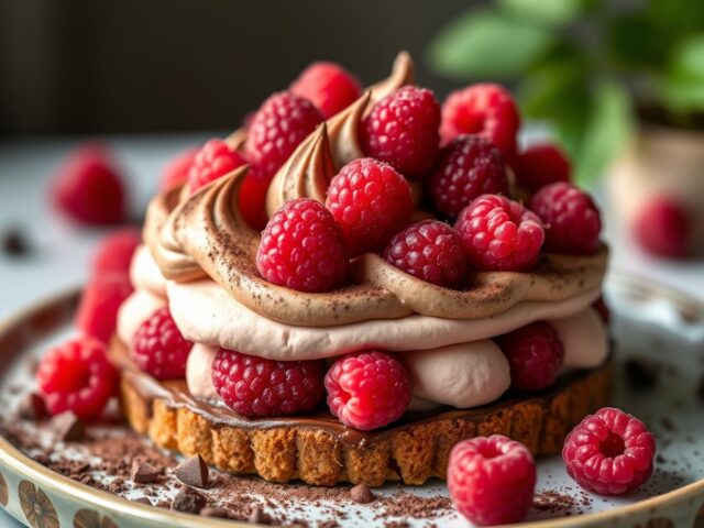 Chocolade meringuetaart met frambozen — AI-gegenereerde illustratie