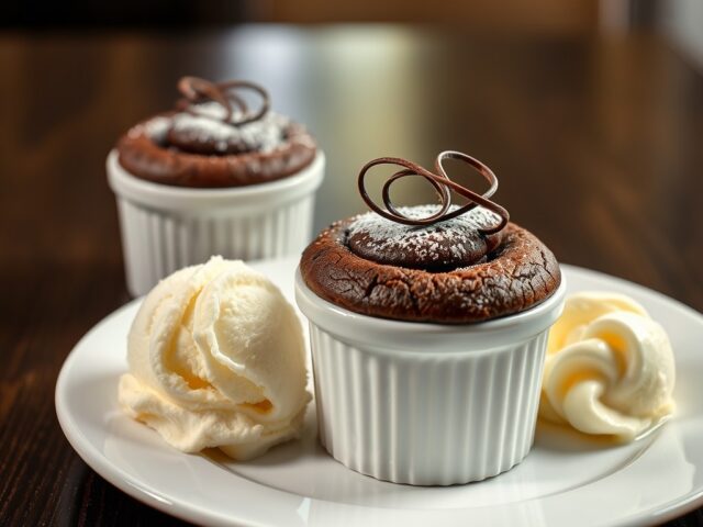 Chocolade souffles met ijs en chocoladekrullen
