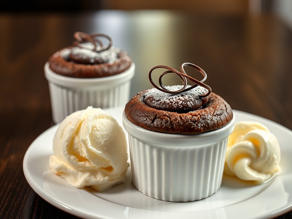 Chocolade souffles met ijs en chocoladekrullen, AI-gegenereerde illustratie