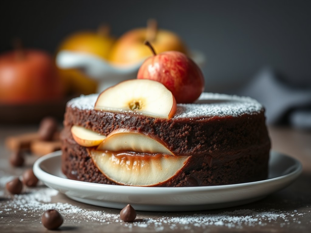 Chocoladecake met appel, AI-gegenereerde illustratie