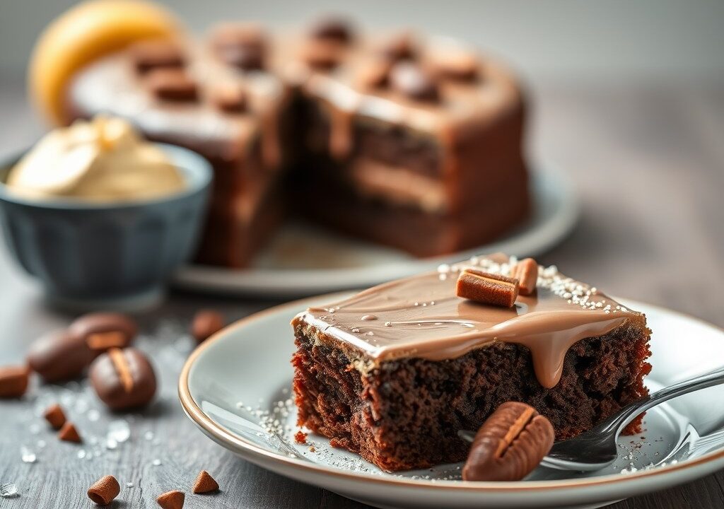 Chocoladecake met kersen en Baileys, AI-gegenereerde illustratie
