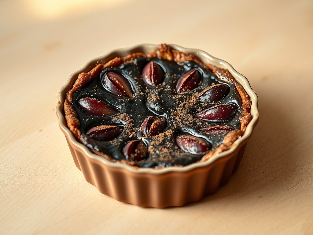 Chocoladeclafoutis met pruimen, AI-gegenereerde illustratie
