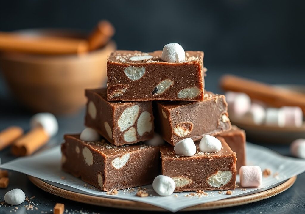 Chocoladefudge met speculaas en marshmallows, AI-gegenereerde illustratie