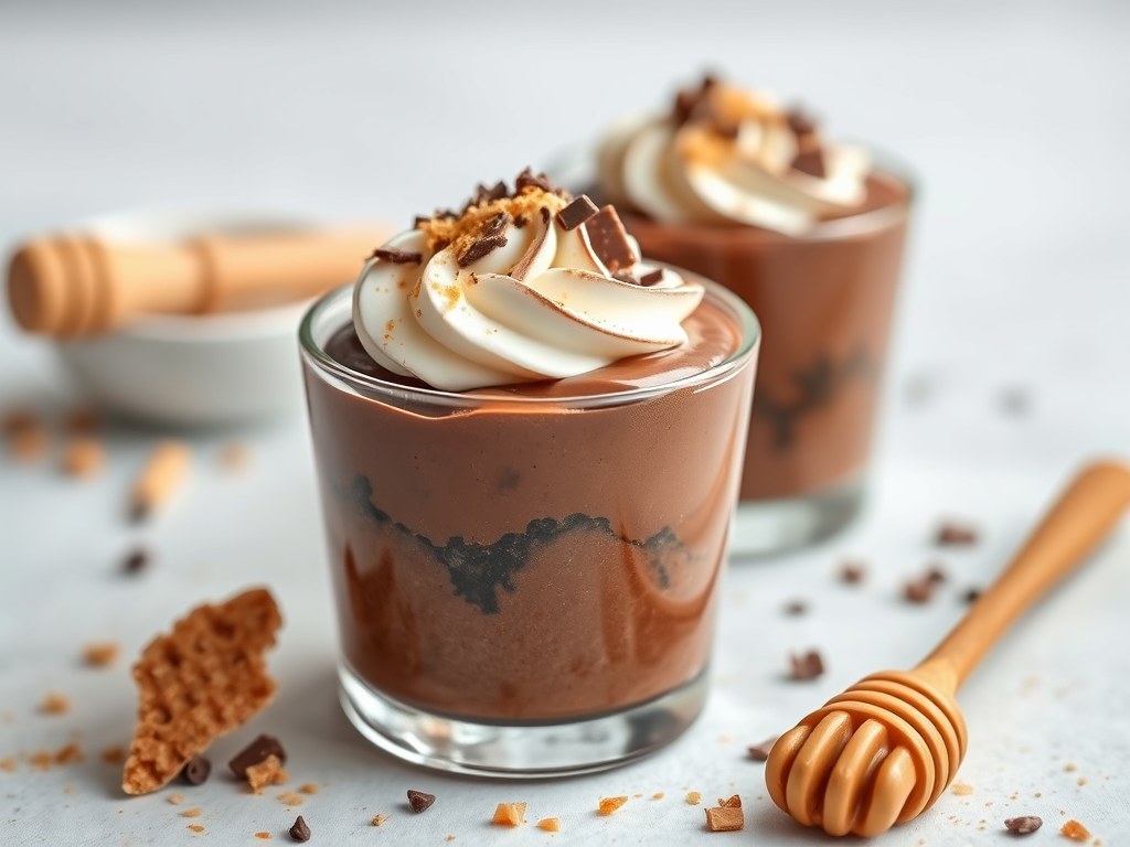 Chocolademousse met nougatine en honing, AI-gegenereerde illustratie