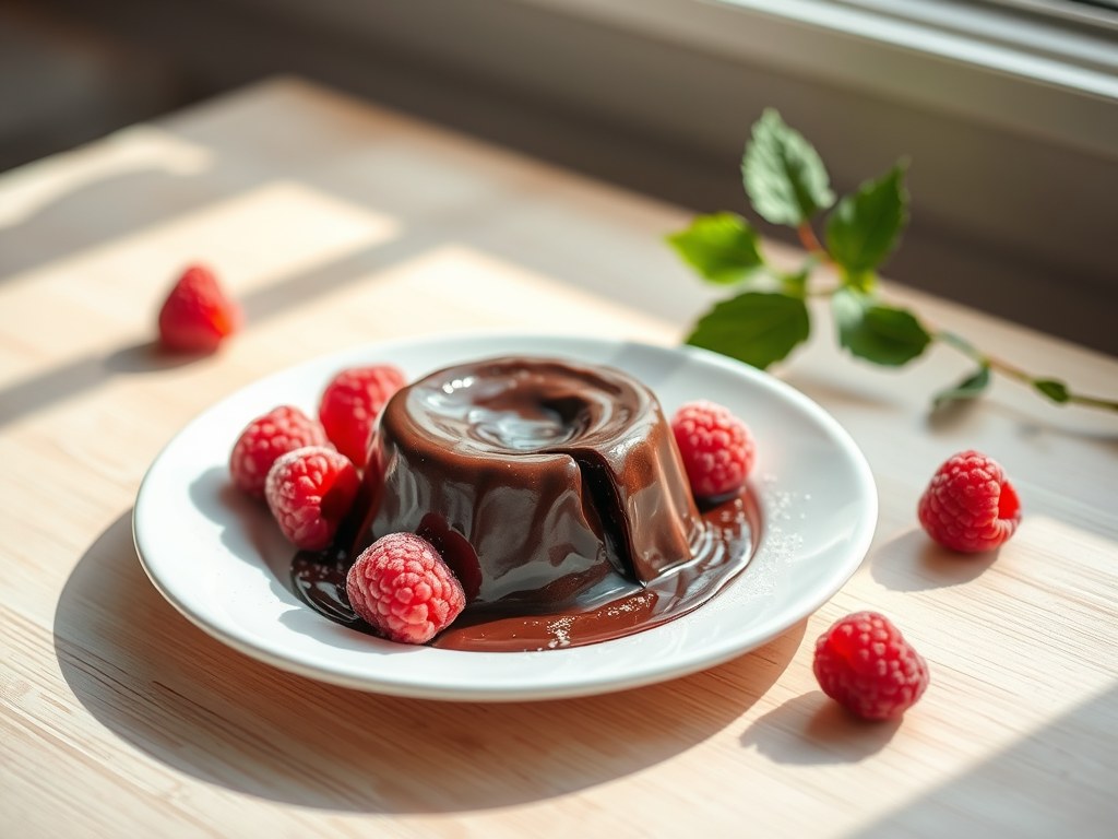 Chocoladepuddinkje met frambozen, AI-gegenereerde illustratie