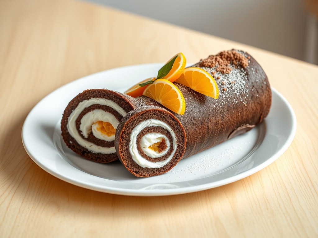 Chocoladerol met mandarijnen, AI-gegenereerde illustratie