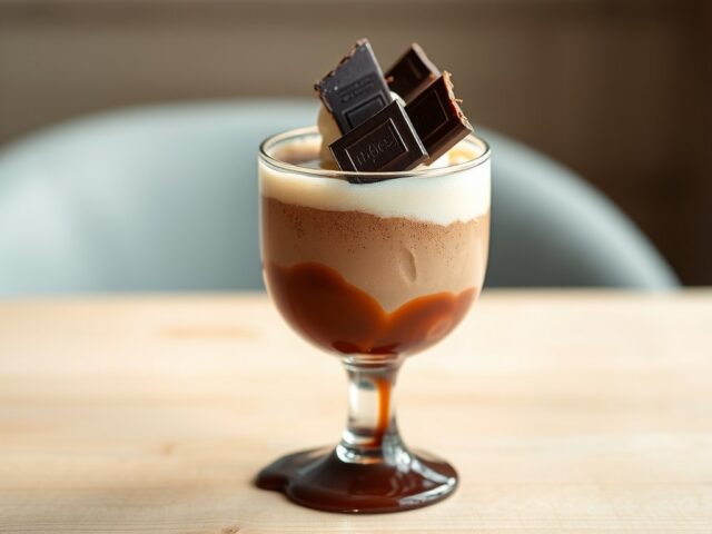 Chocoladesabayon met vanille-ijs en krokante choco