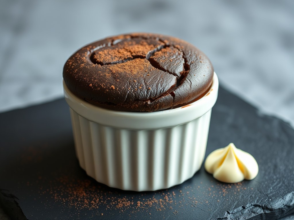 Chocoladesoufflé met amandelroom, AI-gegenereerde illustratie