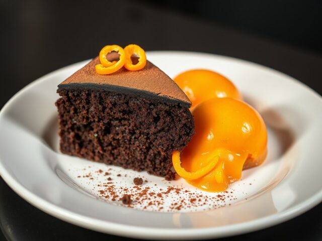 Chocoladetaart van het huis met sinaasappelsorbet