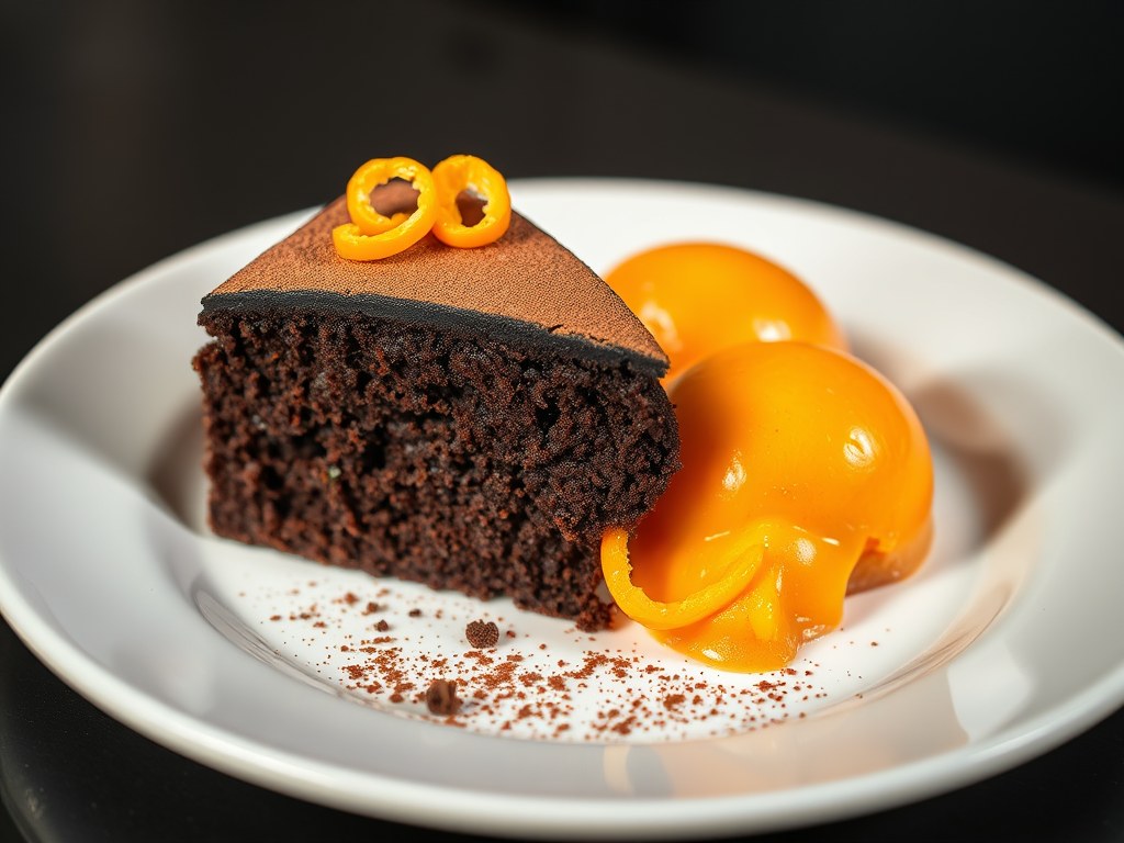 Chocoladetaart van het huis met sinaasappelsorbet, AI-gegenereerde illustratie