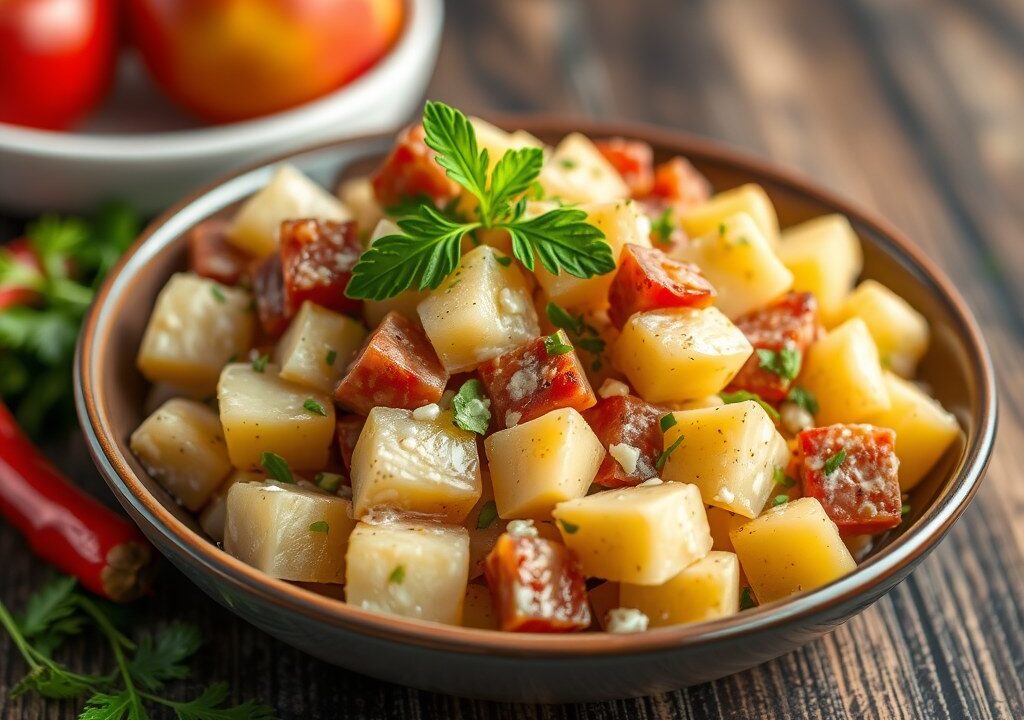 Chorizo-aardappelsalade, AI-gegenereerde illustratie