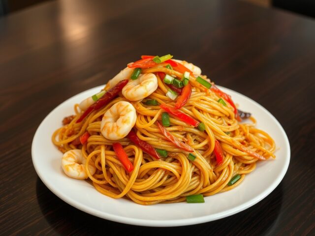 Chow mein van zeevruchten of garnalen