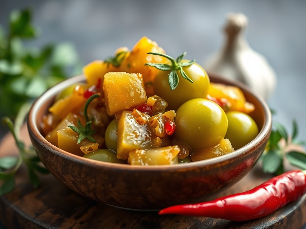 Chutney van groene tomaten, AI-gegenereerde illustratie