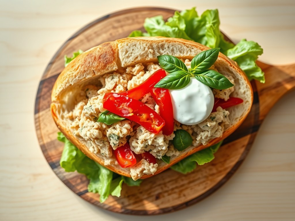 Ciabatta met tonijn, ei en paprika, AI-gegenereerde illustratie