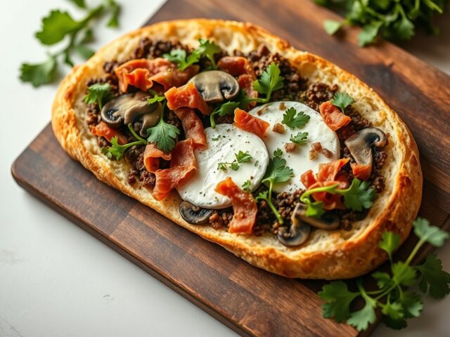 Ciabatta-pizza met duxelles, brie en pancetta