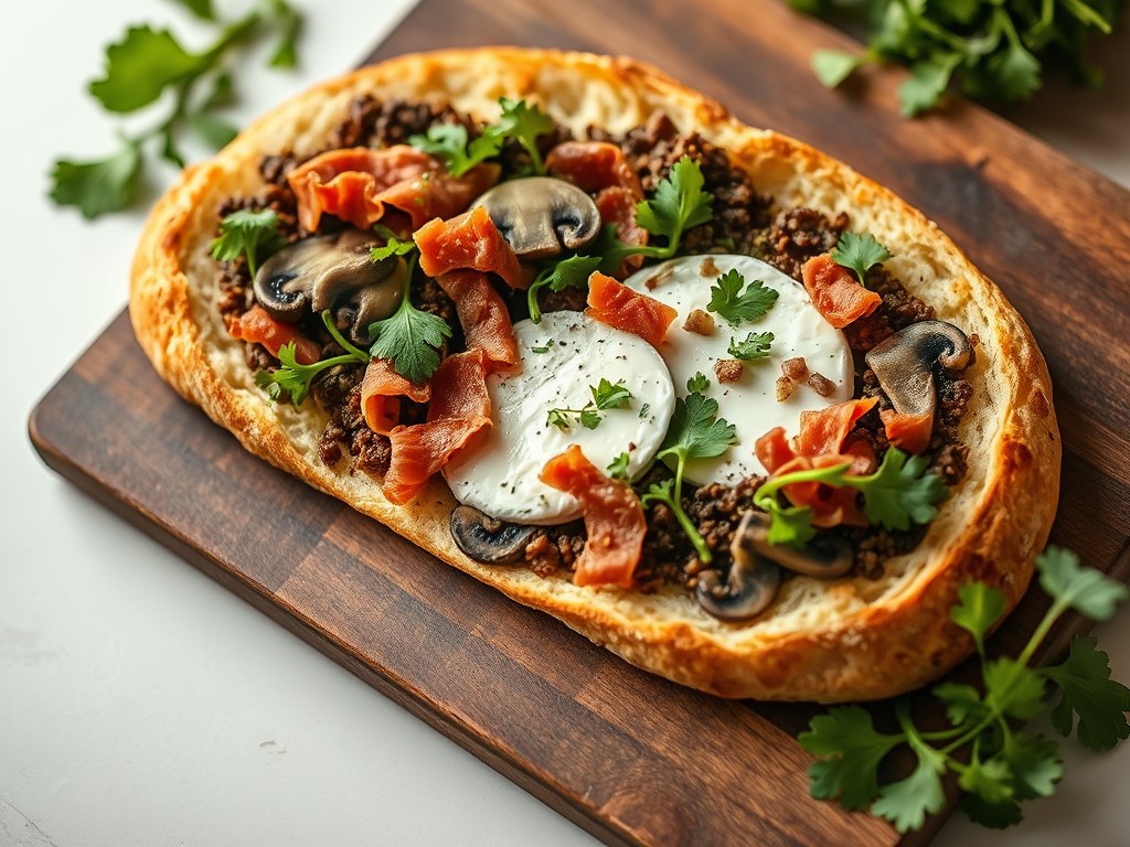 Ciabatta-pizza met duxelles, brie en pancetta, AI-gegenereerde illustratie