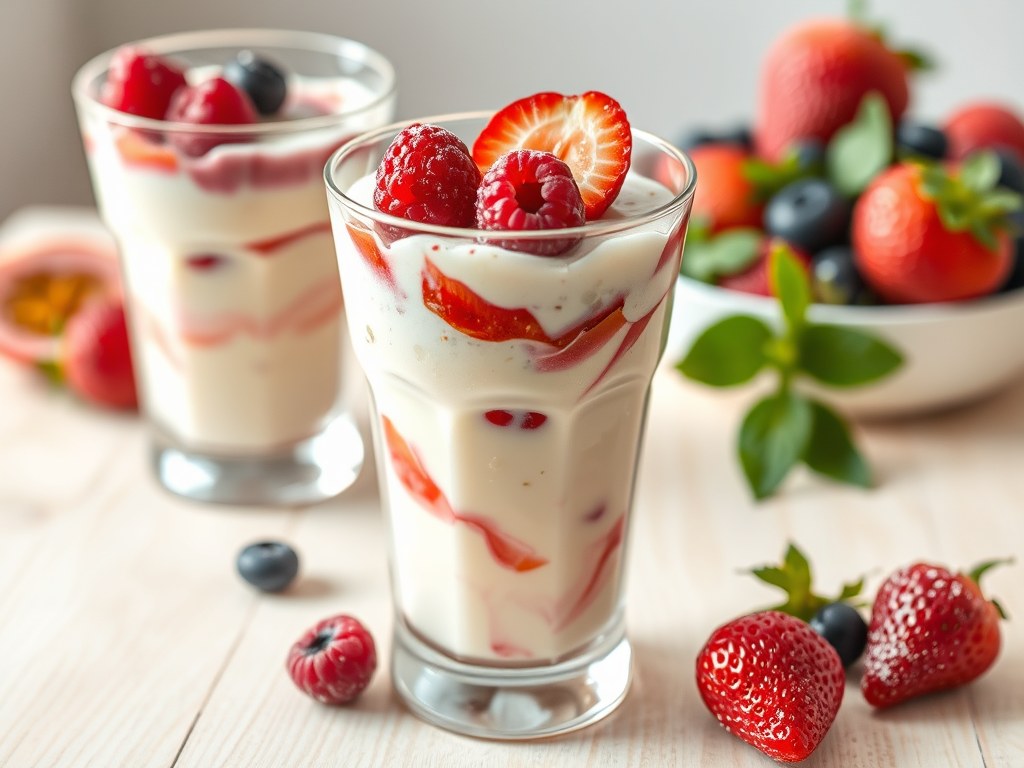 Citroen-passievruchten-syllabub met rode vruchten, AI-gegenereerde illustratie