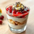 Citroenkwark met cake en cranberrysaus