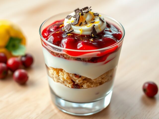 Citroenkwark met cake en cranberrysaus