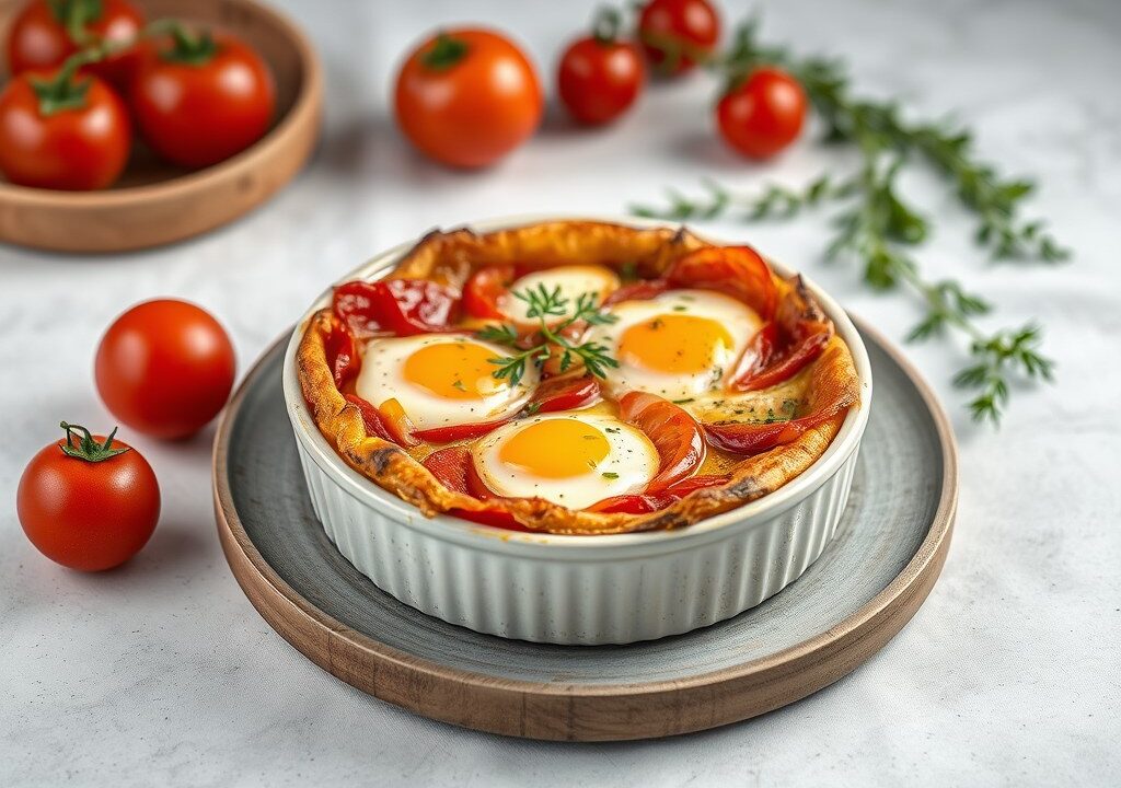Clafoutis van tomaten met hesp, AI-gegenereerde illustratie