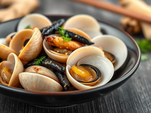 Clams met gember, knoflook en zwarte bonen — AI-gegenereerde illustratie
