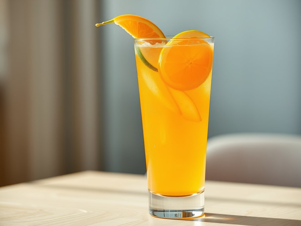 Cocktail van sinaasappel, peer en limoen, AI-gegenereerde illustratie