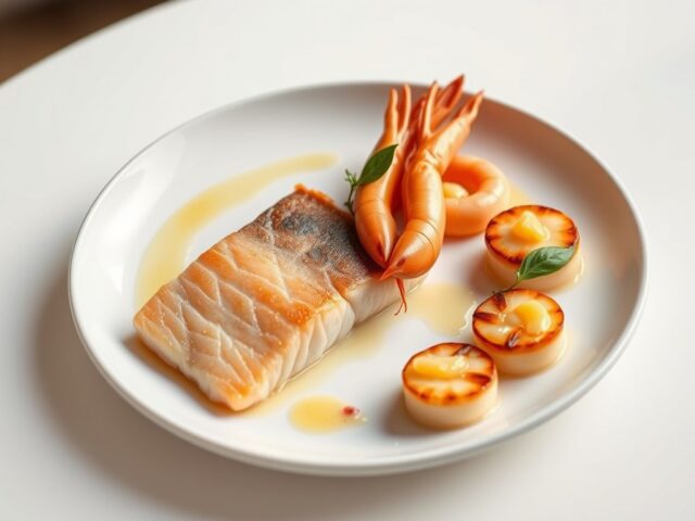 Compositie van zalm, scampi en coquilles