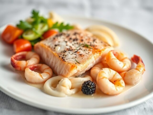 Compositie van Zalm, Scampi en Coquilles
