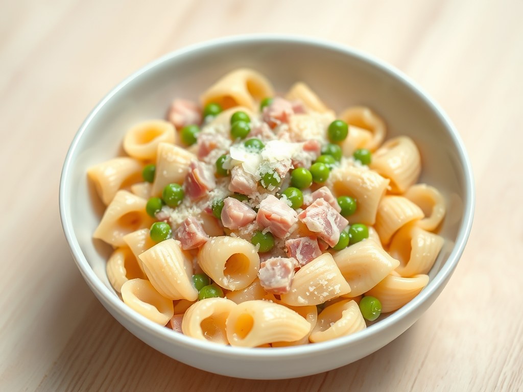 Conchiglie met ham en erwtjes, AI-gegenereerde illustratie
