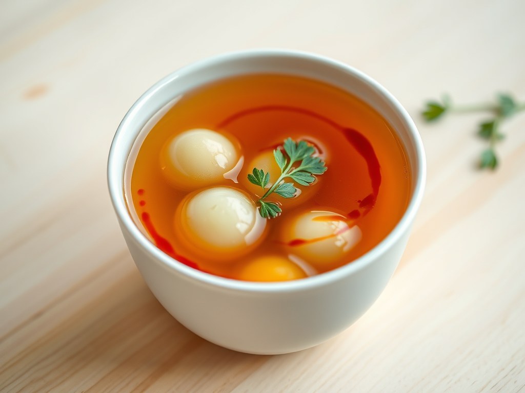 Consommè met meloenbolletjes en port, AI-gegenereerde illustratie