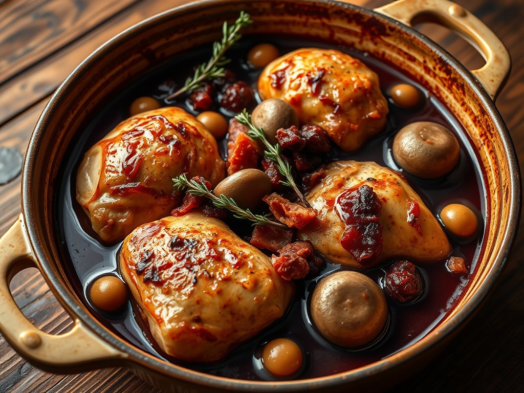 Coq au vin, AI-gegenereerde illustratie