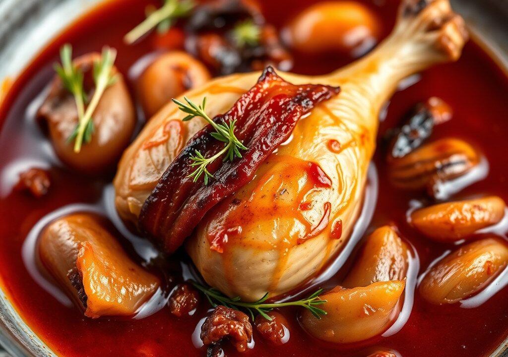 Coq au Vin (Kip in rode wijnsaus, éénpansgerecht), AI-gegenereerde illustratie