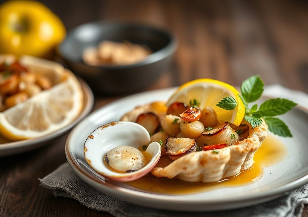 Coquille-zalmtartaar met appel en Balsamicoroom — AI-gegenereerde illustratie