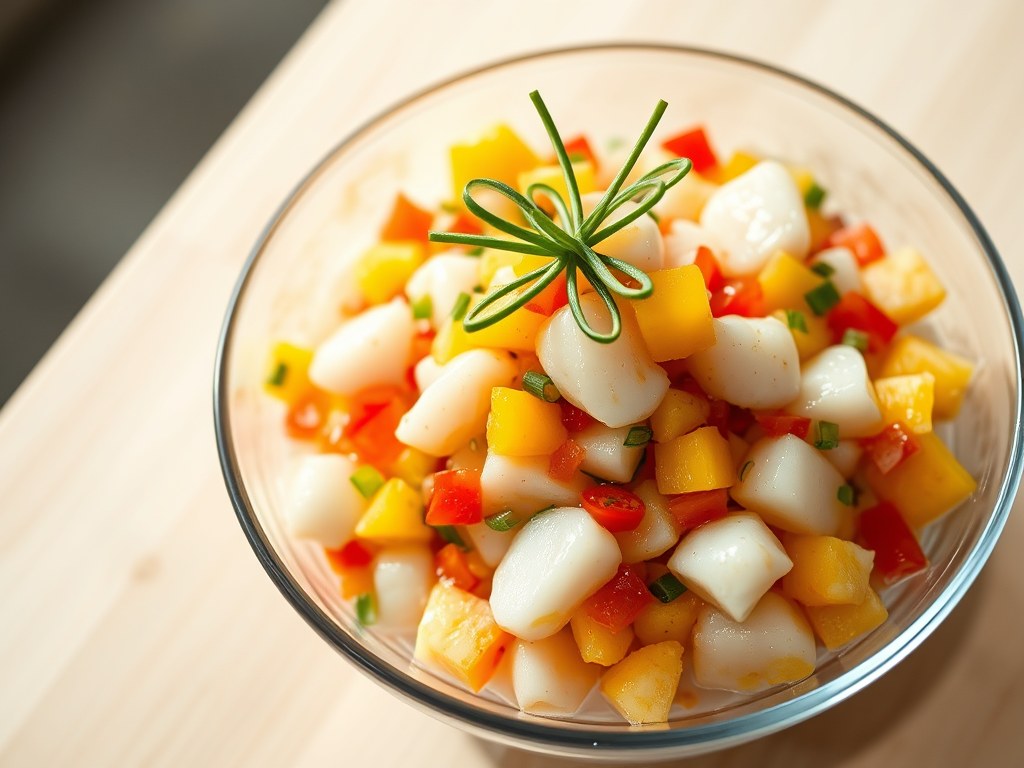 Coquilles – Mango – Ceviche, AI-gegenereerde illustratie