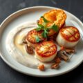 Coquilles met paddenstoelen, mousse van gepofte kn
