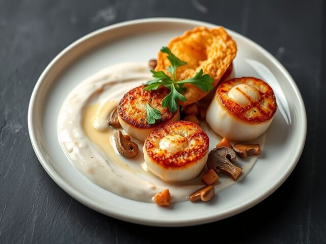 Coquilles met paddenstoelen, mousse van gepofte kn