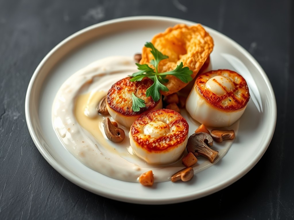 Coquilles met paddenstoelen, mousse van gepofte kn, AI-gegenereerde illustratie