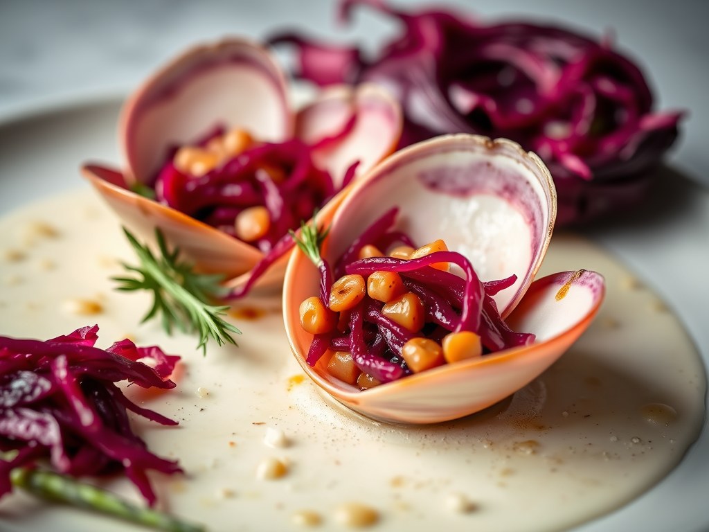 Coquilles met Rode Kool en Venkel, AI-gegenereerde illustratie