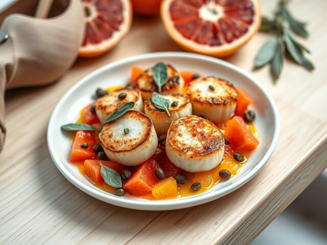 Coquilles op een warme citrussalade