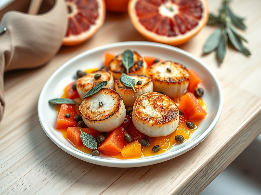 Coquilles op een warme citrussalade, AI-gegenereerde illustratie