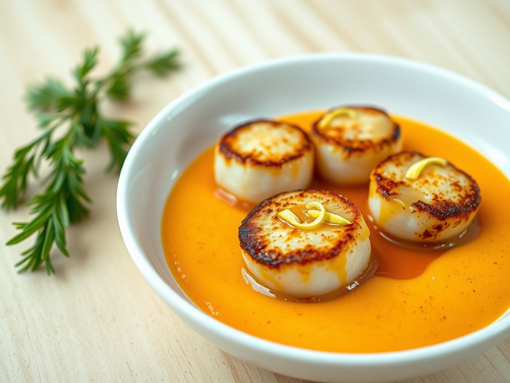 Coquilles St.Jacques met wortelroom, AI-gegenereerde illustratie