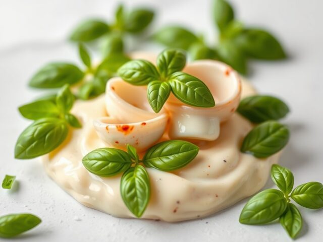Coquilletartaar op een bedje van basilicum