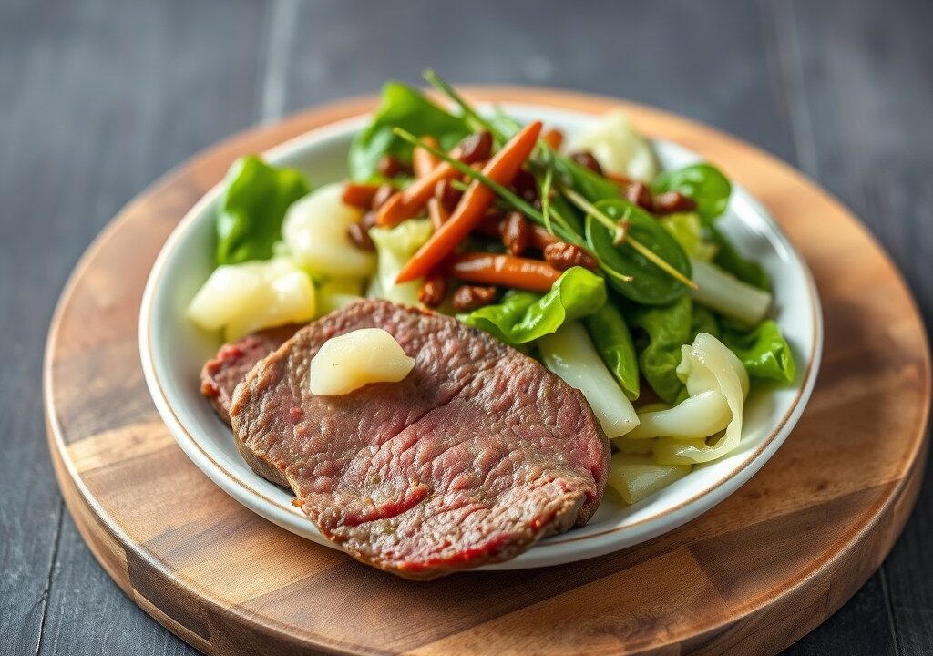 Corned Beef met Groene Kool en Winterpeen, AI-gegenereerde illustratie