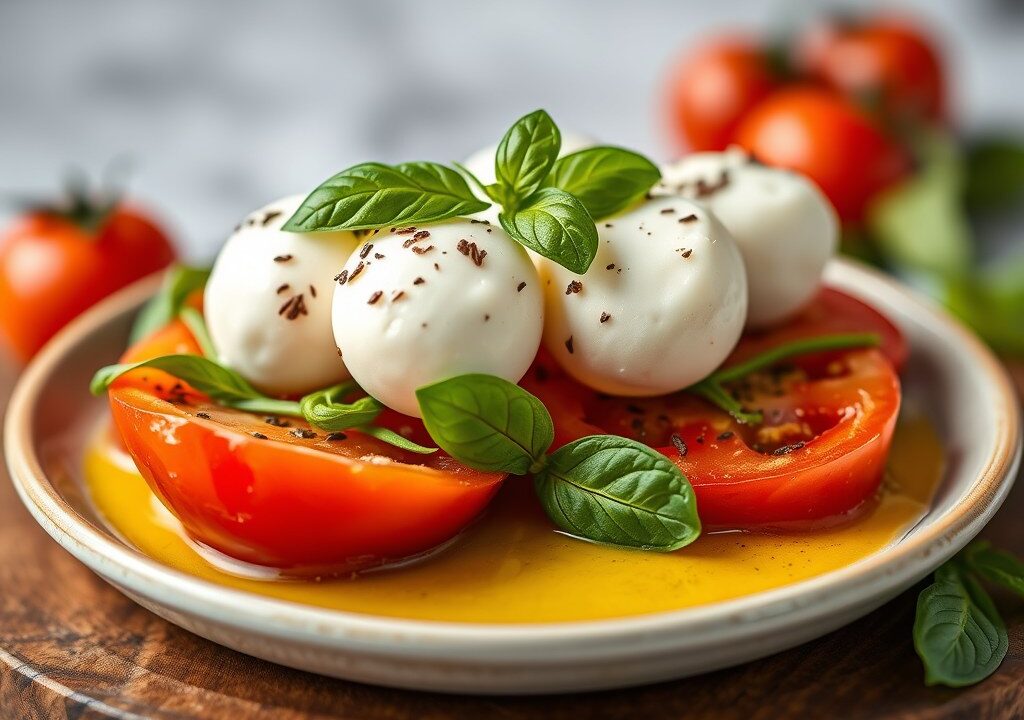 Coupe Caprese (met mozarella en basilicum), AI-gegenereerde illustratie