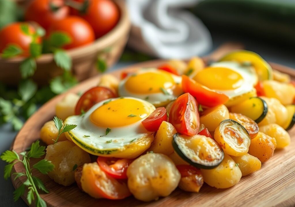 Courgette-aardappelschotel, AI-gegenereerde illustratie